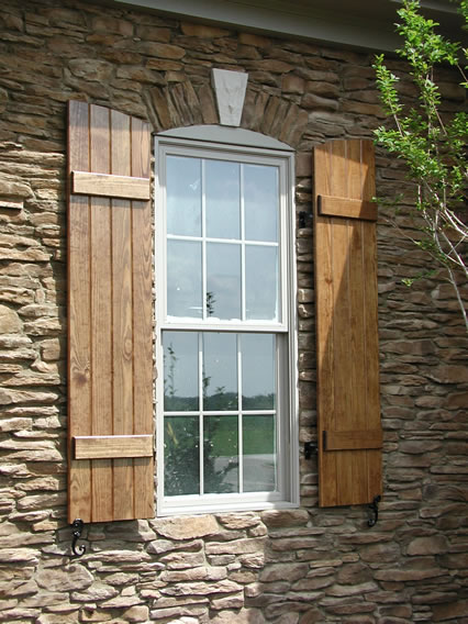 Board and Batten Shutter with Arch Top - Closed -Stained 