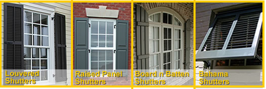 Plantation Louvered Shutters, Colonial Raised Panel Shutters, Tudor Board and Batten Shutters